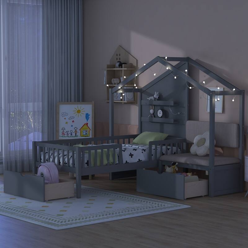 Twin Size House Bed with Upholstered Sofa,Charging Station,Wireless Charging,Shelves and 2 Drawers