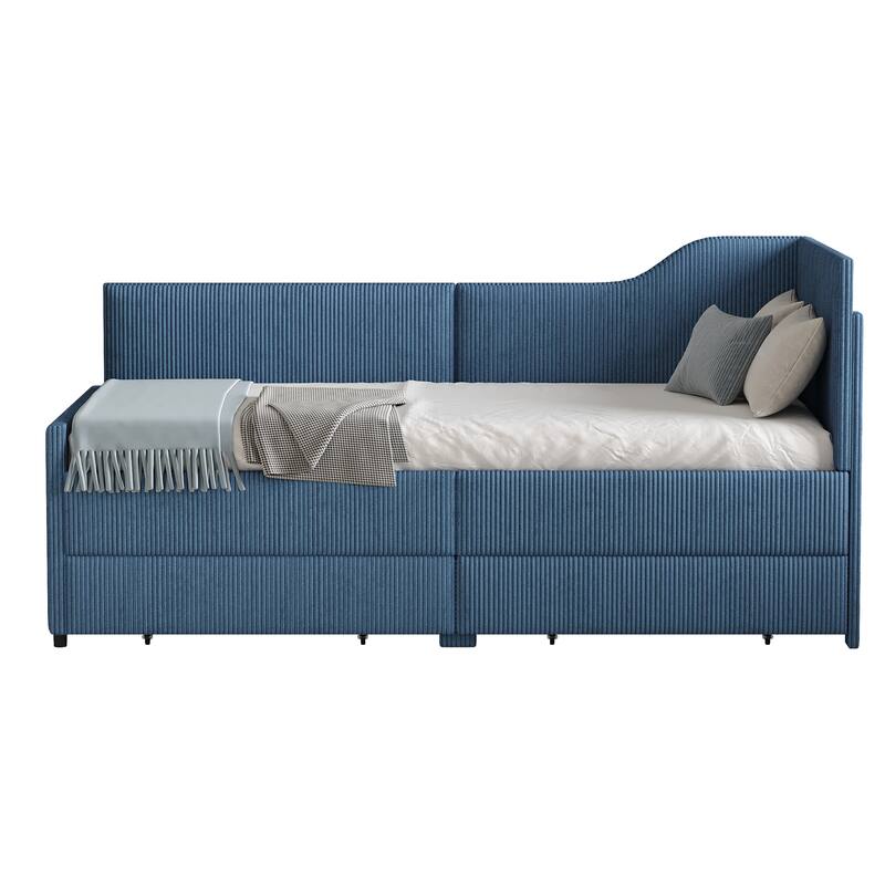 L-Shaped Twin Daybed with Storage Drawers, Corduroy Upholstered Frame, Blue