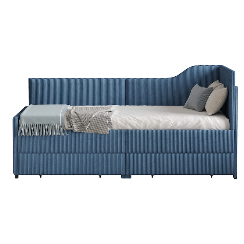 Twin Size L-Shaped Corduroy Daybed,Upholstered Bed Frame with 2 Storage Drawers, Beige