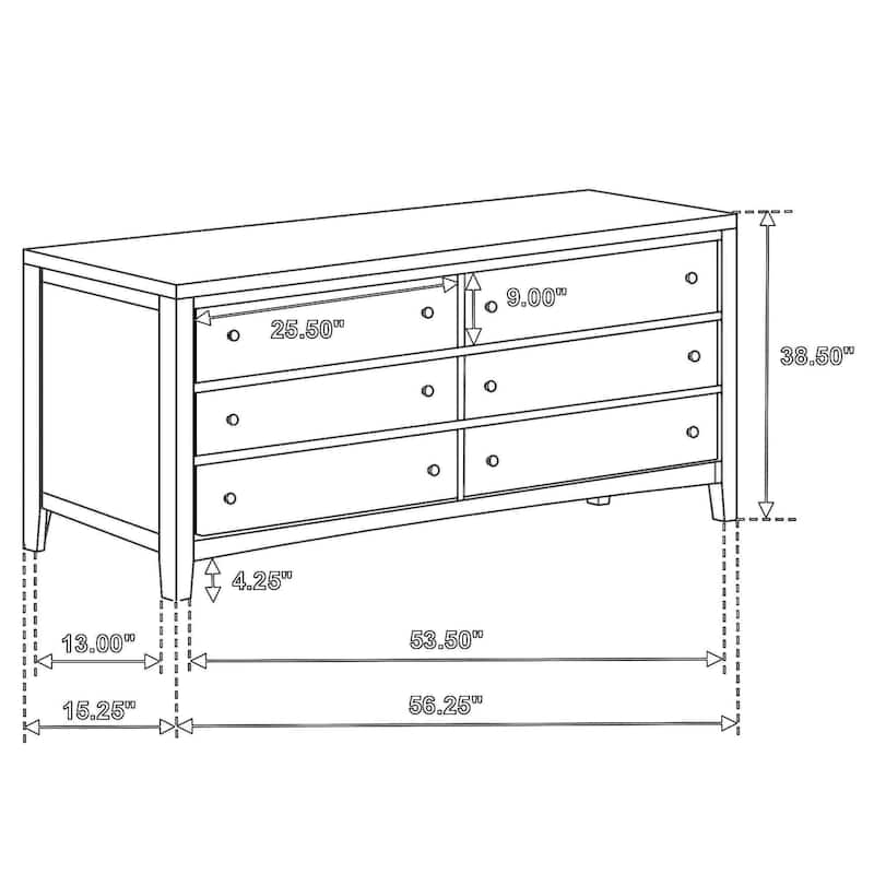 Wily Wide Dresser, Dark Brown Wood, 6 Drawers with Round Nickel Knobs