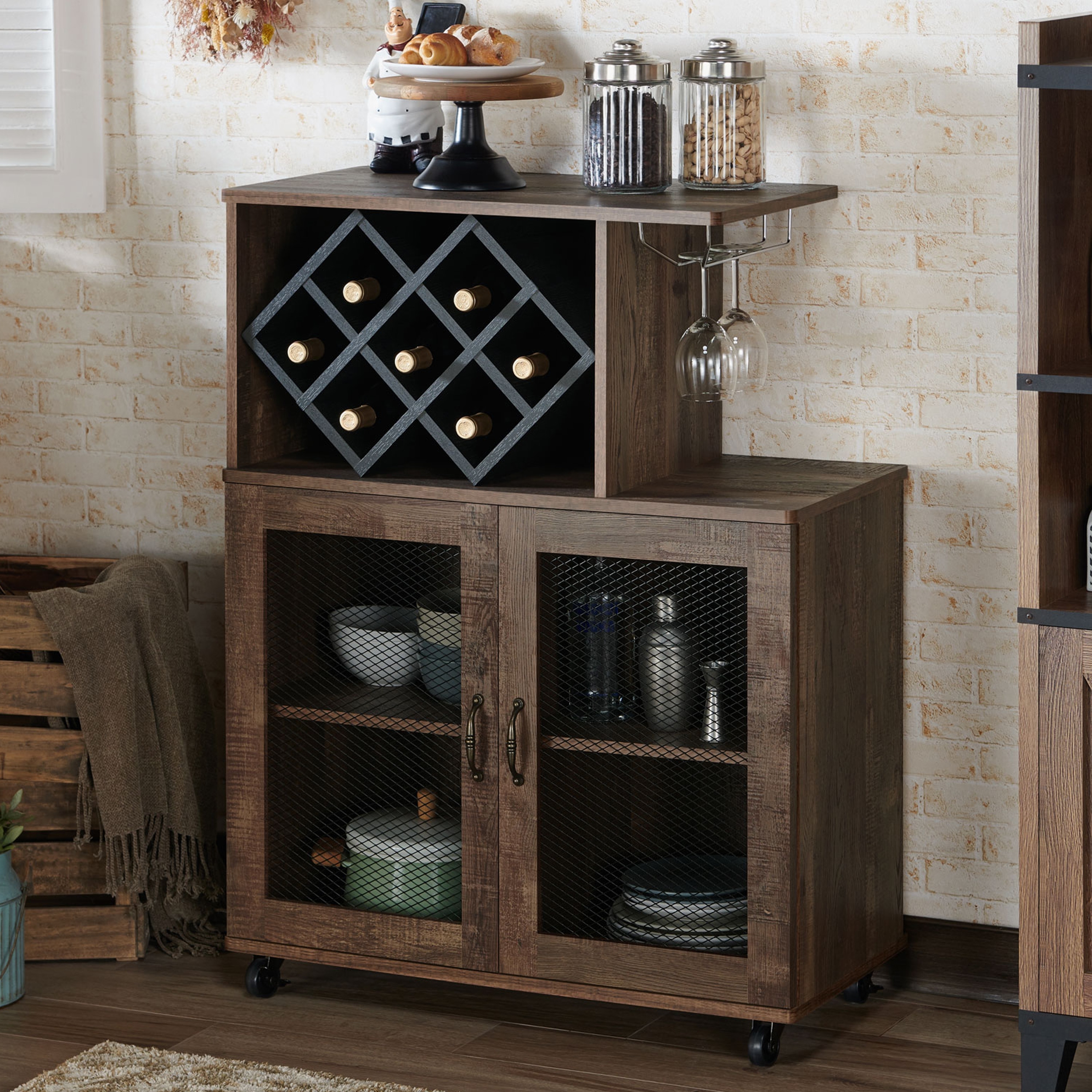 Furniture of America Laut Rustic Oak 4-Shelf Mini Bar with Wine Rack