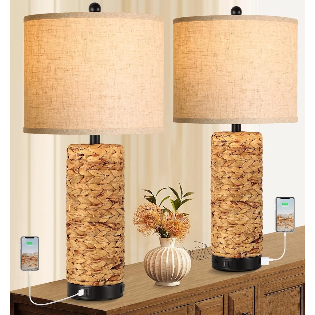Anmytek Seagrass Table Lamps Set of 2 with USB Charging Ports and Outlet Coastal Farmhouse Style