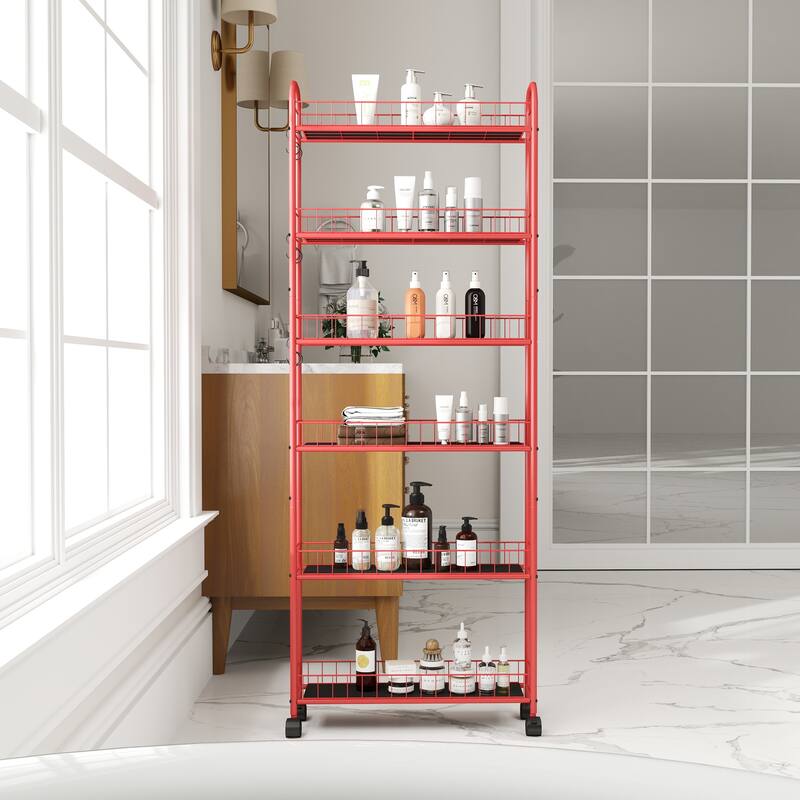 Red 6-Tier Rolling Cart Gap Kitchen Slim Slide Out Storage Tower Rack With Wheels(no include stool) - Red
