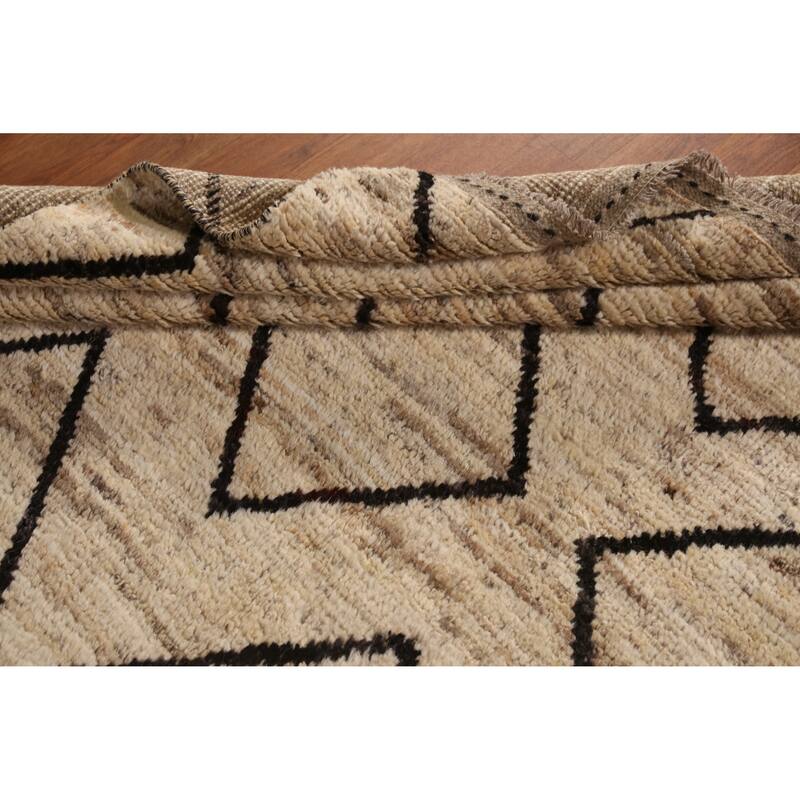 Geometric Moroccan Oriental Rug Hand-Knotted Beige Wool Carpet - 6'7" x 9'11"
