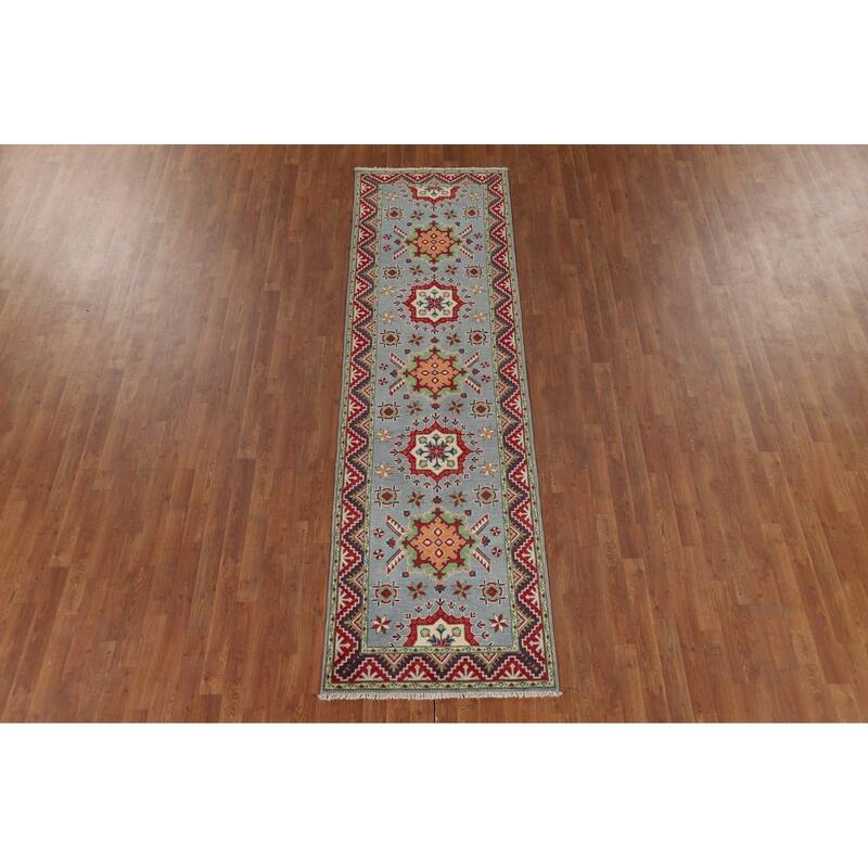 Light Blue Kazak Runner Rug Hand-Knotted Oriental Wool Carpet - 2'9" x 9'7"