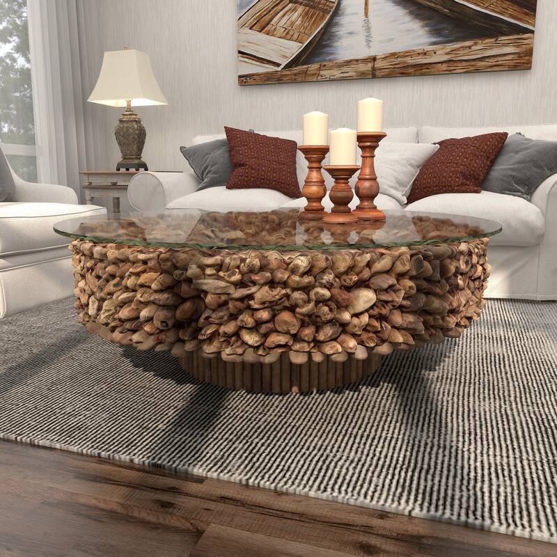 Driftwood Handmade Stacked Collage Coffee Table with Tempered Glass Top and Pedestal Base - Brown - Roche River Decor