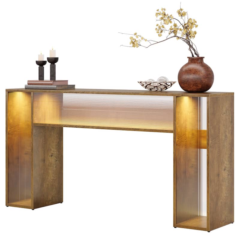 63" Long Farmhouse Wood Console Table with LED Light for Living Room - 62.99" W x 11.81" D x 33.07" H