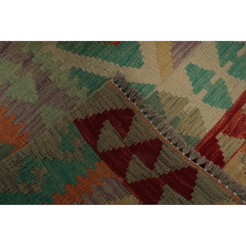 Hand Woven Oriental 100% Wool Carpet Southwestern Tribal Beige & Ivories Kilim Area Rug - 9' 7'' X 6' 9''