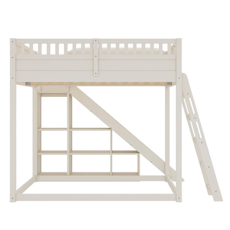 Full Size Loft Bed with Upholstered Headboard and Storage shelves, Complete with Ladder and Slide