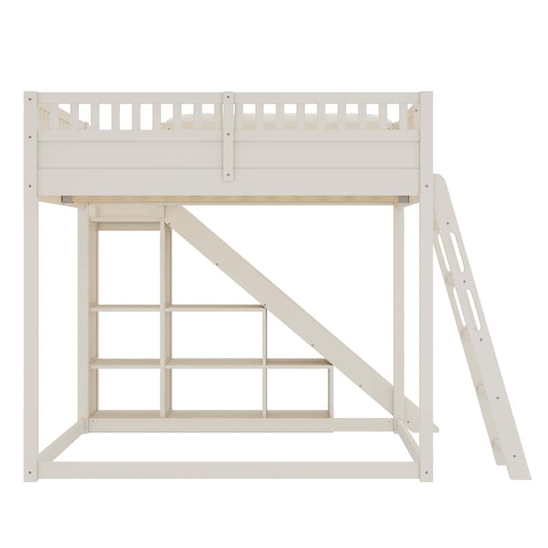 Queen/Full Loft Bed with Upholstered Headboard, Storage & Slide