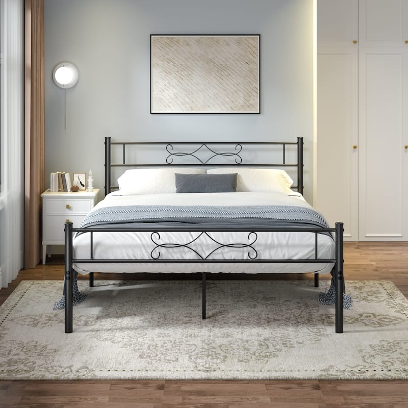 VECELO Metal Bed Frame with Headboard and Footboard No Box Spring Needed 12in Underbed Storage with Decorative Headboard