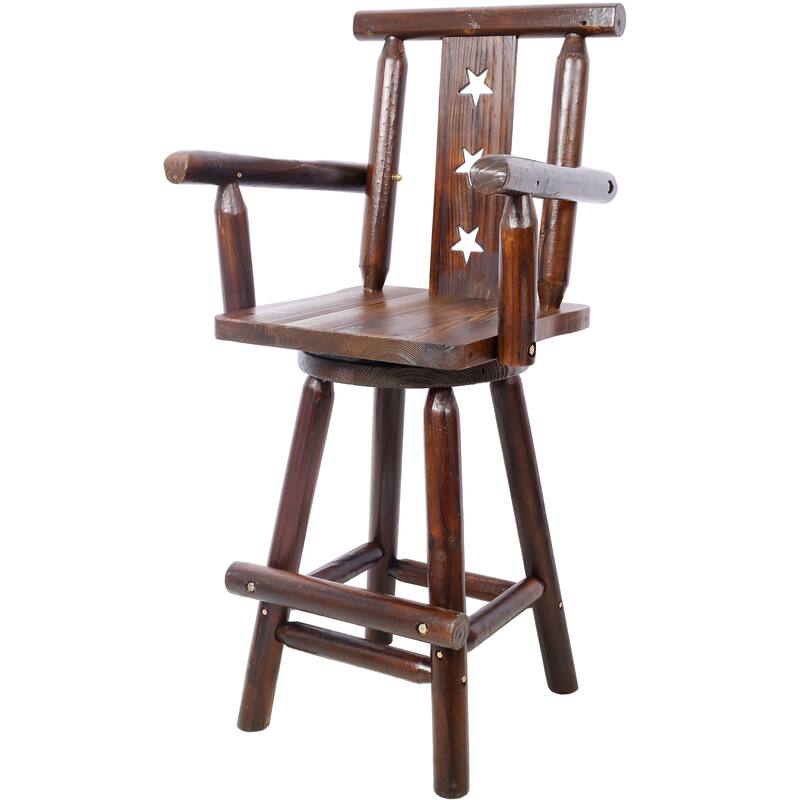 Rustic Bar Stool - Fir Wood Construction, Chair with Decorative Star Backrest, Footrest,Wide Armrest, Rustic Kitchen Stool
