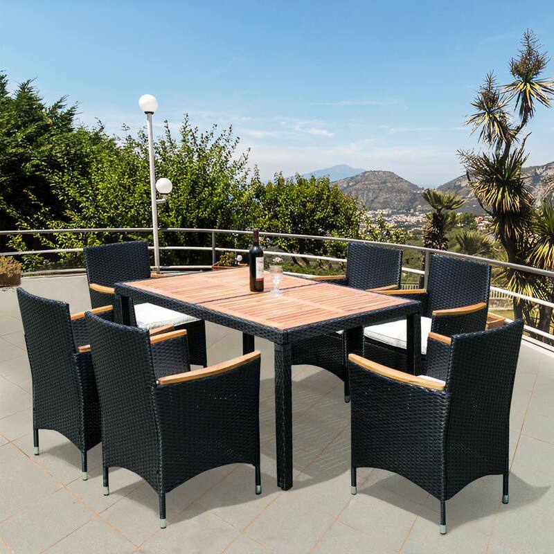 7 Piece All Weather Rattan Patio Dining Set with Acacia Wood Tabletop and Removable Cushions