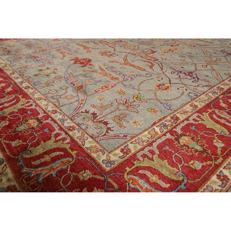 Vegetable Dye Ziegler Area Rug Handmade Green Floral Wool Carpet - 7'11" x 9'10"
