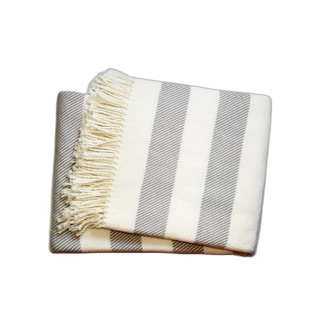 Cream and Gray Slanted Stripe Fringed Throw Blanket