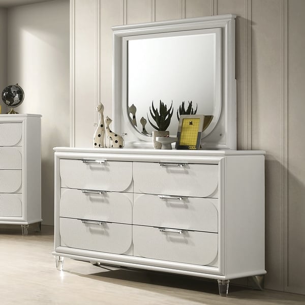 slide 2 of 8, Furniture of America Drima Modern 2-Piece Pearl White Solid Wood 6-Drawer Dresser and Mirror Set Pearl White