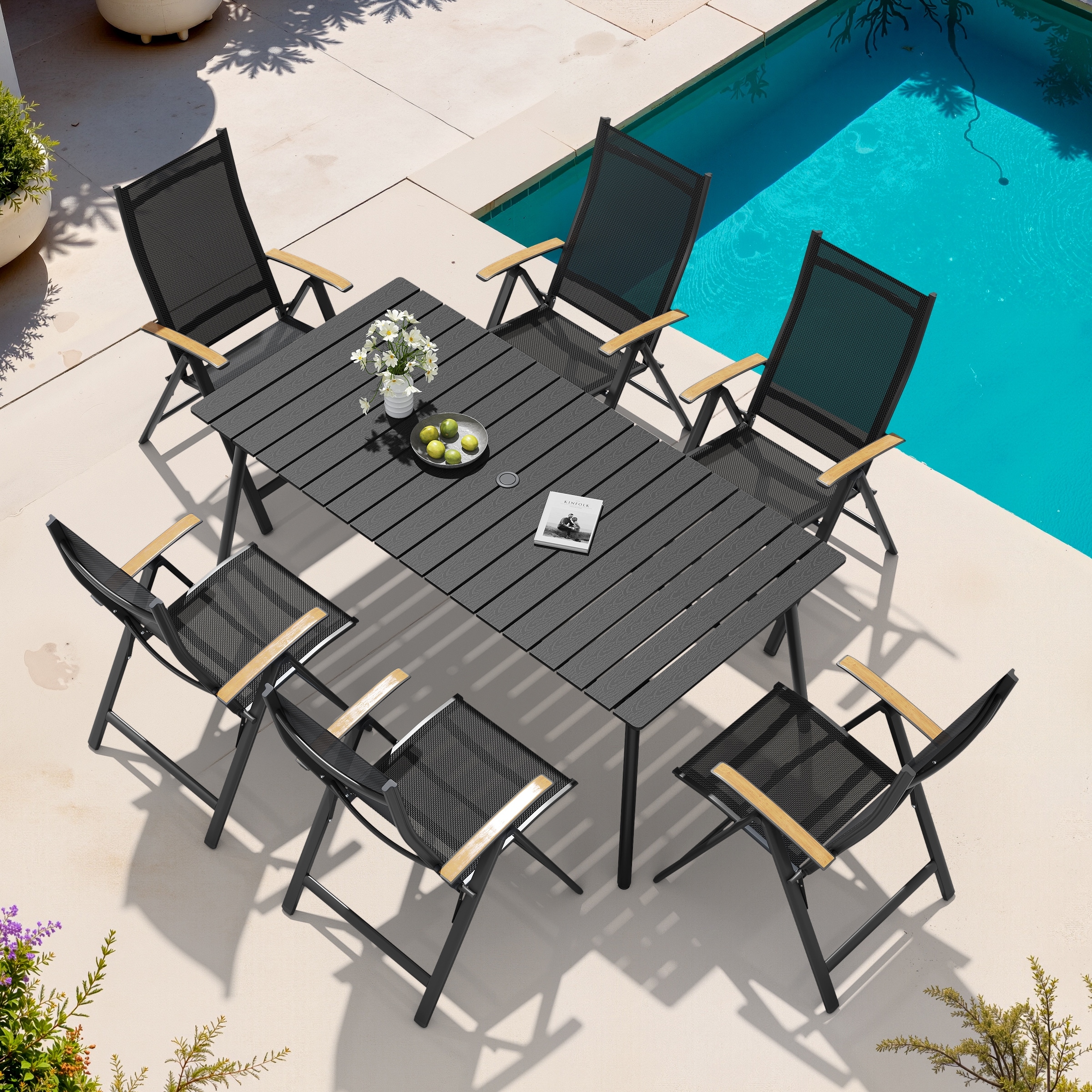 7-Piece Outdoor Patio Dining Set Wood-Like Table Top Aluminum Umbrella Hole Table with Folding Armrest Chairs
