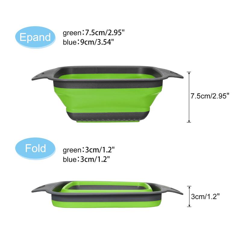 Collapsible Colander 2 Size Silicone Square Strainer - blue green - 29cm x 22cm x 9cm