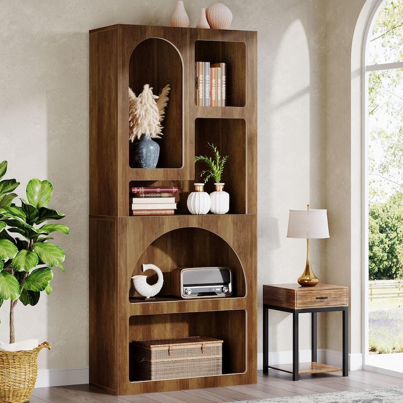 70” White Wood Bookshelf with 5 Storage Shelves for Living Room - Brown - 1 Pc
