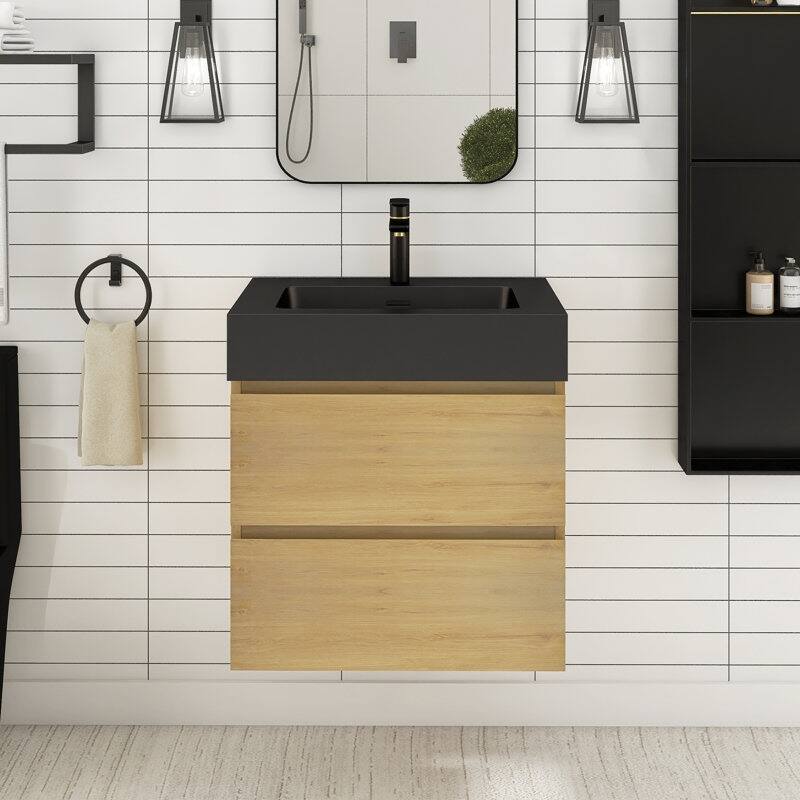 24 in. W x 18 in. D x 25 in. H Single Sink Wall Mounted Bath Vanity for Modern Bathroom Black Sink Basin - 24" x18.1"