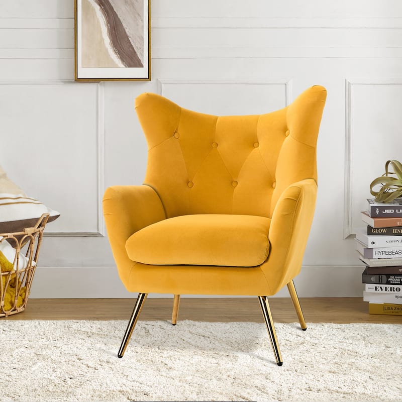 Eusebio Tufted Velvet Accent Chair with Wingback, Arms, and Metal Gold Legs for Living Room or Bedroom by HULALA HOME