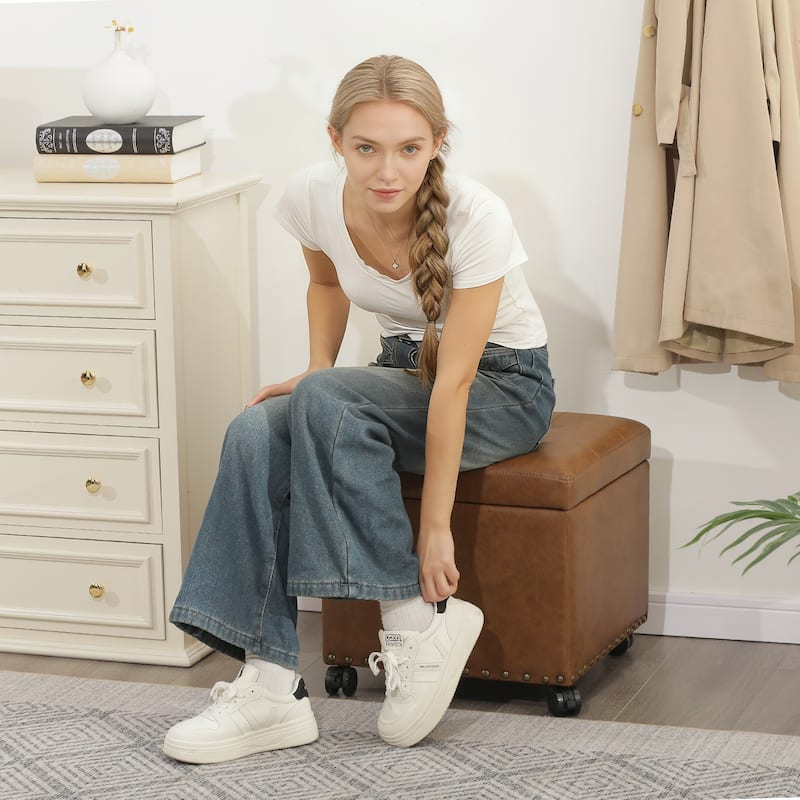 Adeco Bonded Leather Storage Ottoman Square Tufted Cube Footstool