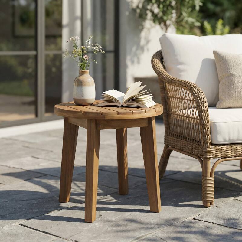 Outdoor 16" Acacia Wood Side Table, Teak Finish - 6.61 - 6.61