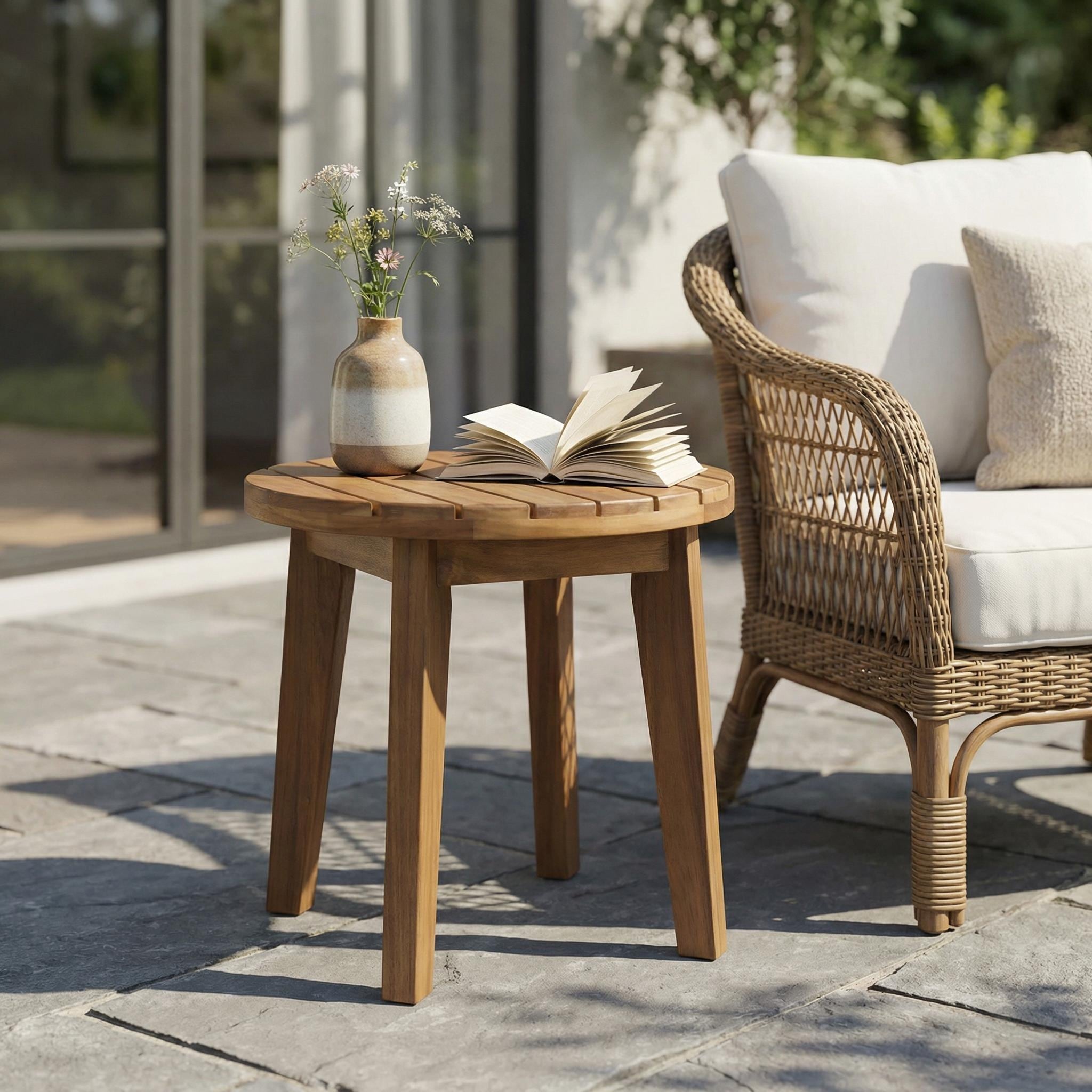 Outdoor 16" Acacia Wood Side Table, Teak Finish