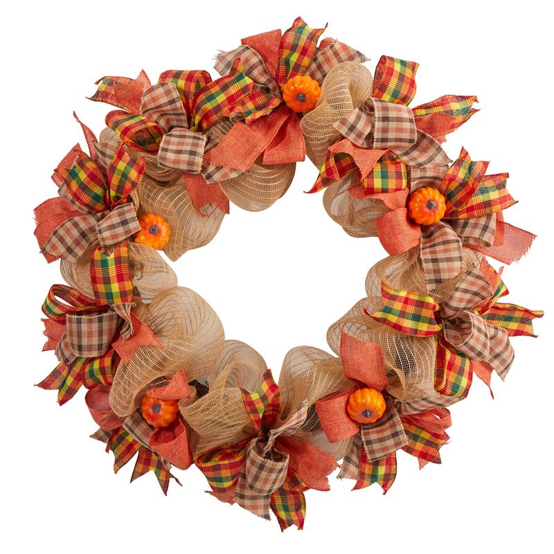 Pumpkin with Plaid Bows Artificial Fall Harvest Wreath - 30" - Unlit