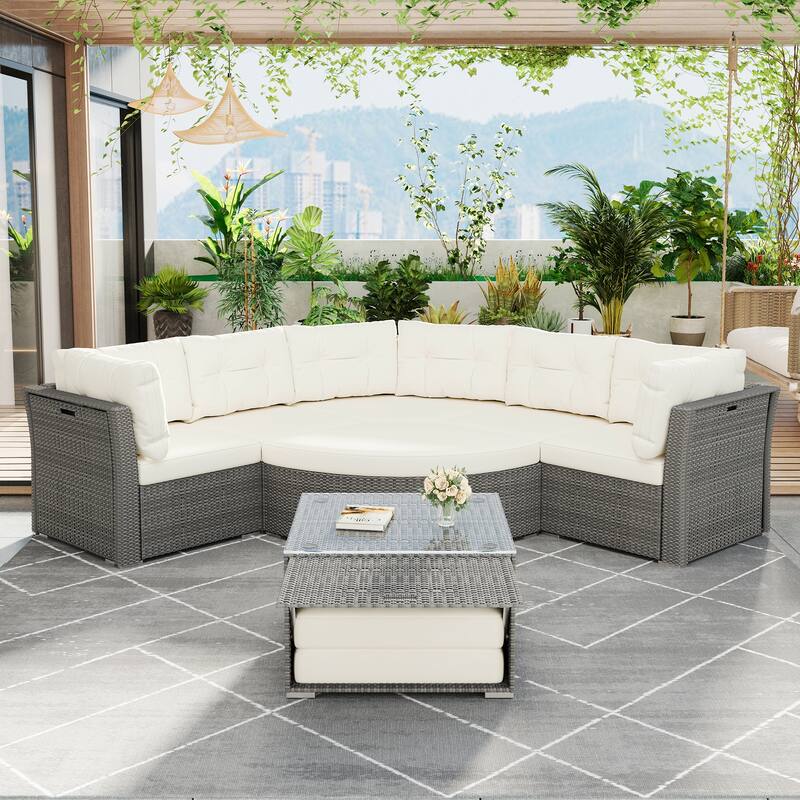 Outdoor Patio Rattan Sectional Furniture Set, Daybed for Patio, Lawn, Backyard, Pool - Beige