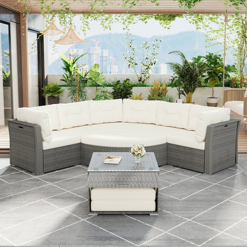 Outdoor Rattan Sectional Daybed Set – Complete with Plush Cushions & Center Table .