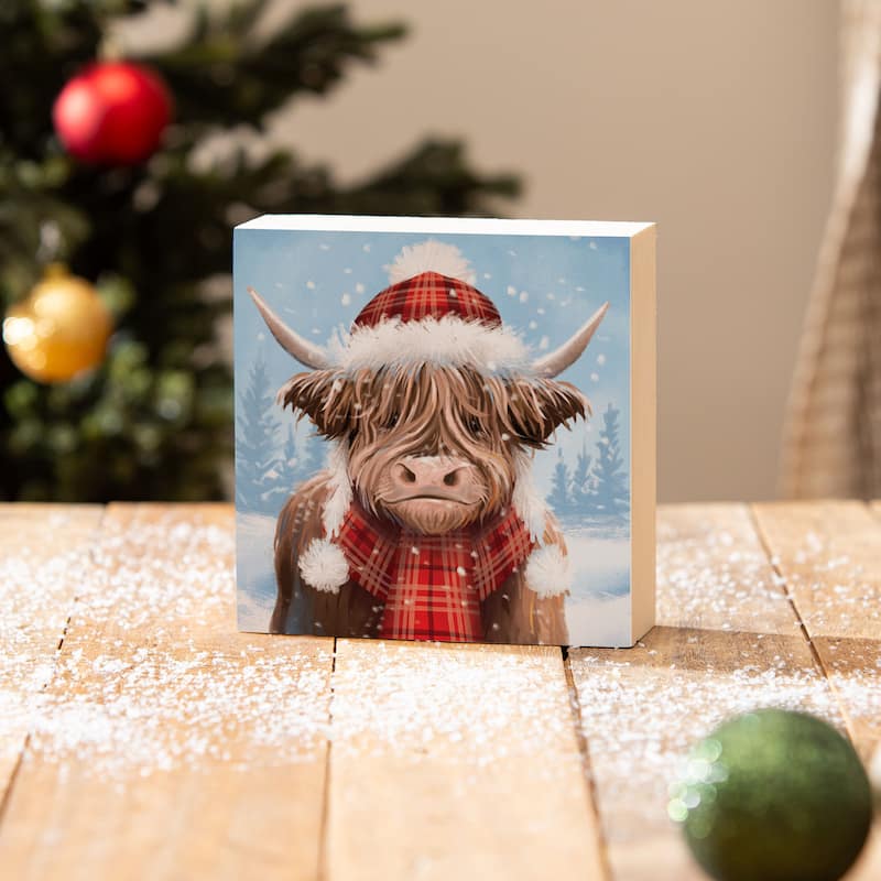 Holiday Highland Cow Sign Wood Block - 6" x 6" - Multicolor