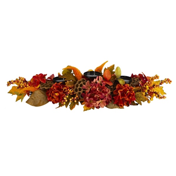 32" Fall Hydrangea, Lotus Seed and Berries Artificial Candelabrum Arrangement. Opens flyout.