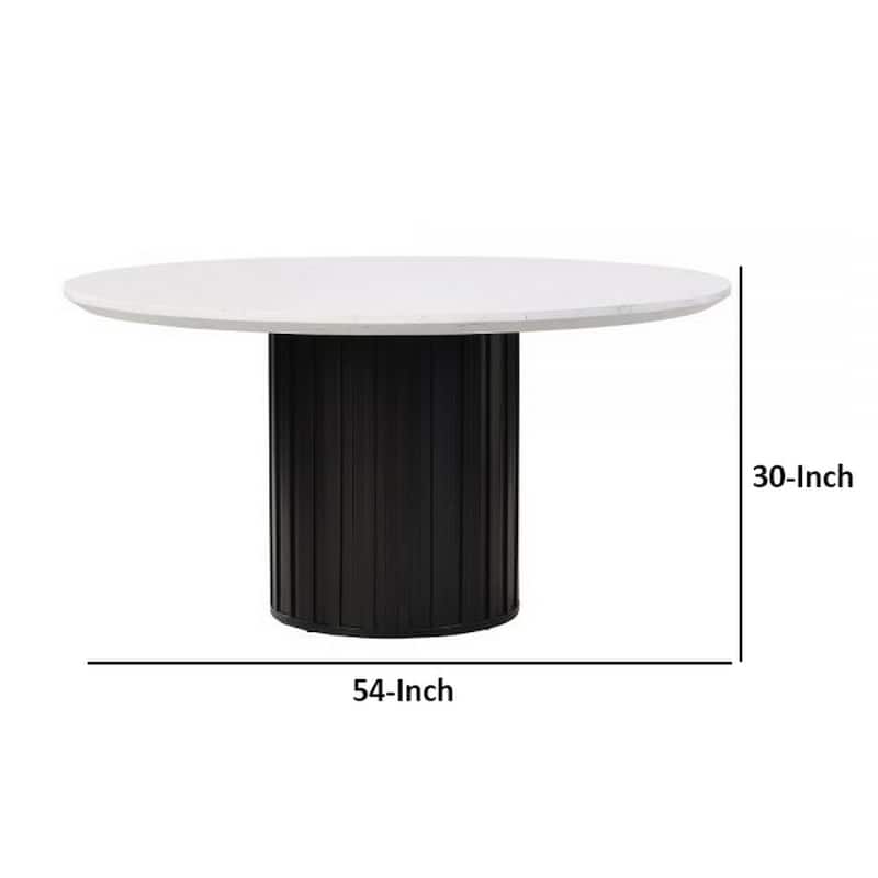 Jerry 54 Inch Dining Table, Round Faux Marble Top, Black Pedestal Base