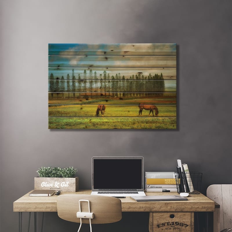 Horse Pasture Print On Wood by Dennis Frates - Multi-Color