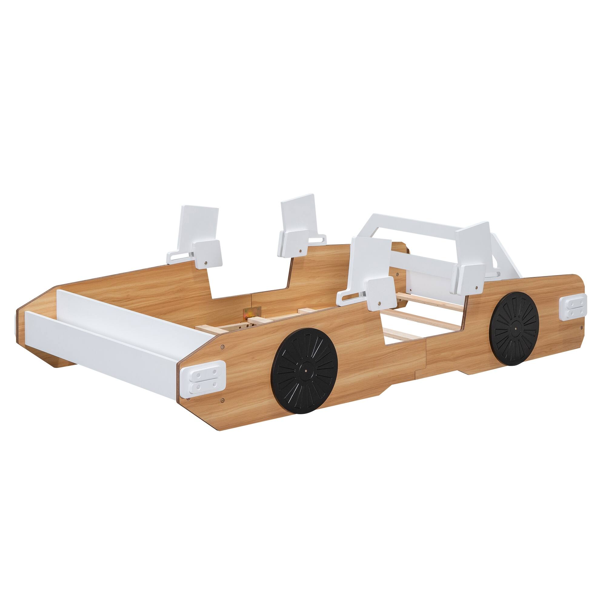 Racing Car Platform Bed with Adjustable Gear Positions and Storage Holder, Playful Car Door