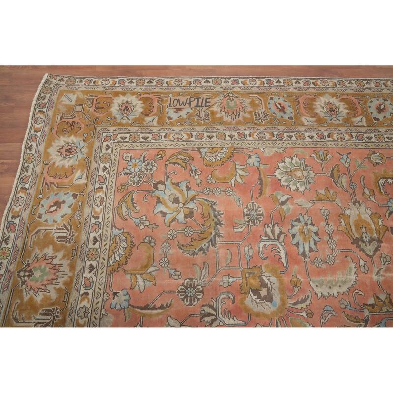 Hand Knotted Oriental 100% Wool Carpet Traditional All-Over Pink Tabriz Area Rug - 12' 6'' X 9' 7''