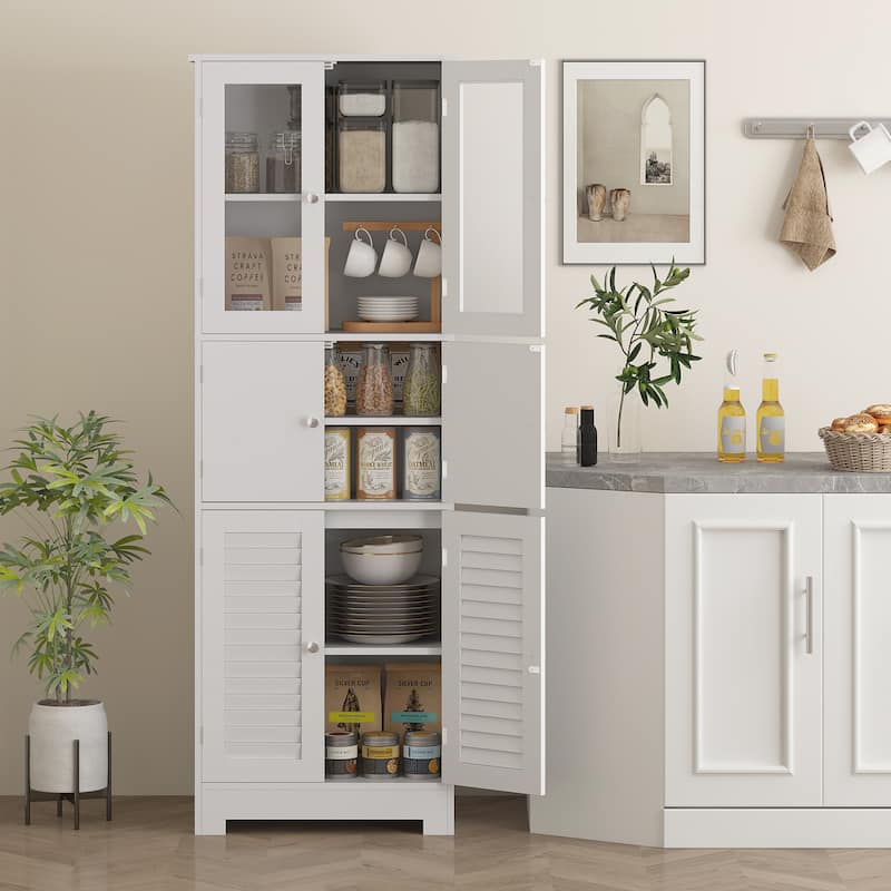 White MDF Tall Bathroom Cabinet with Triple Doors and Adjustable Shelf - 23.6" W x 11.8" D x 67.1" H