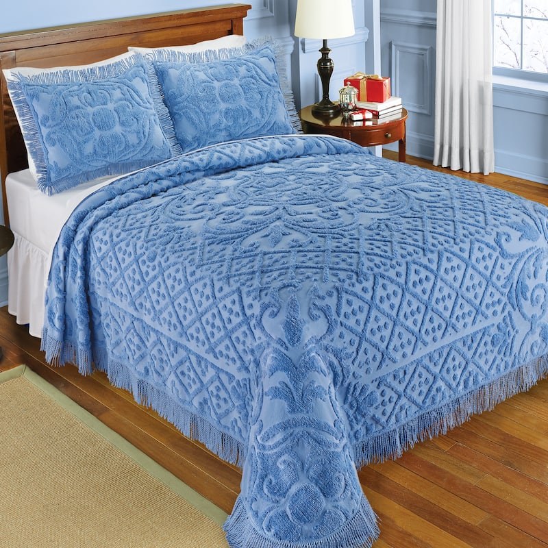 Diana Textured Design Fringe Border Chenille Bedspread - Blue - Queen