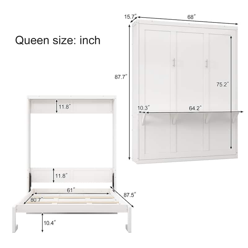 Full/Queen Murphy Bed Cabinet Bed with Built-in Desk, Space Saving Foldable Wooden Wall Bed for Guest Room, Study, Office