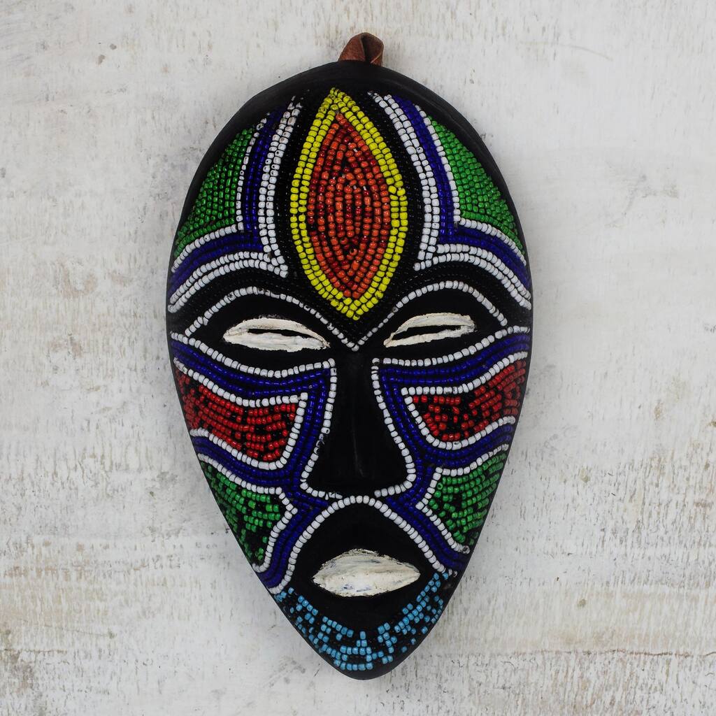 Novica Handmade Face Of Colors Recycled Glass Beaded African Wood Mask