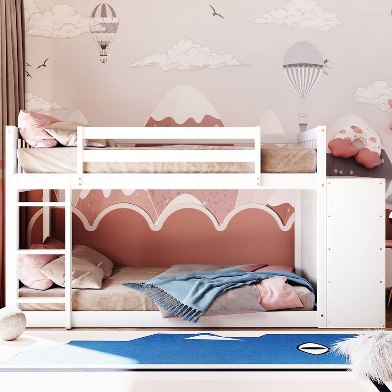 Floor Bunk Bed with Movable Storage Cabinet, Solid Wood Bunkbeds Frame