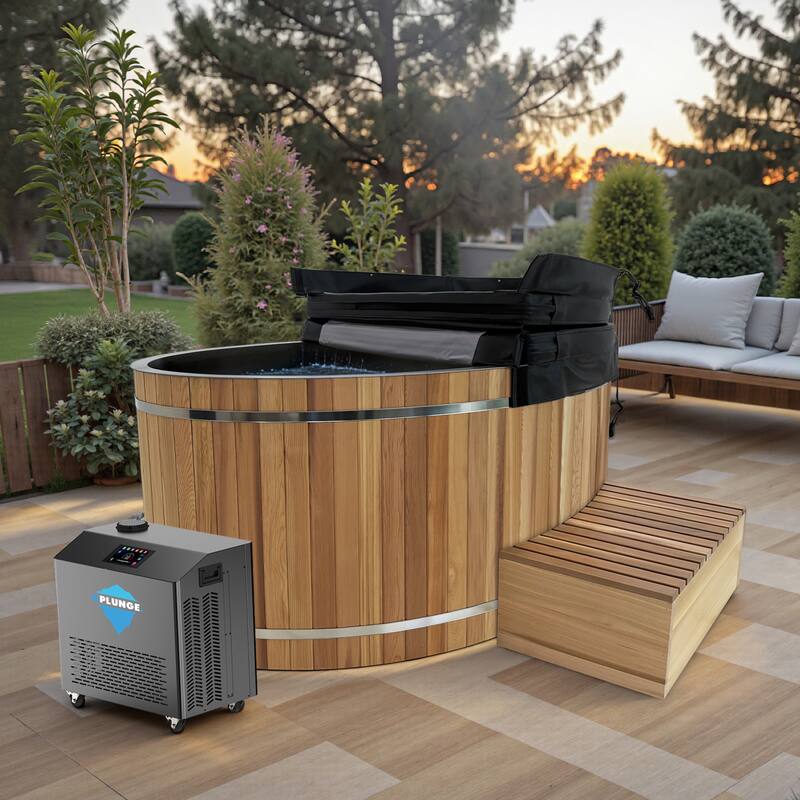 Vinter 62 in. 2-Person 0-Jet Cedar Cold Plunge Ice Bathtub/Hot Tub with Powerful Chiller and Heater in Natural Finish