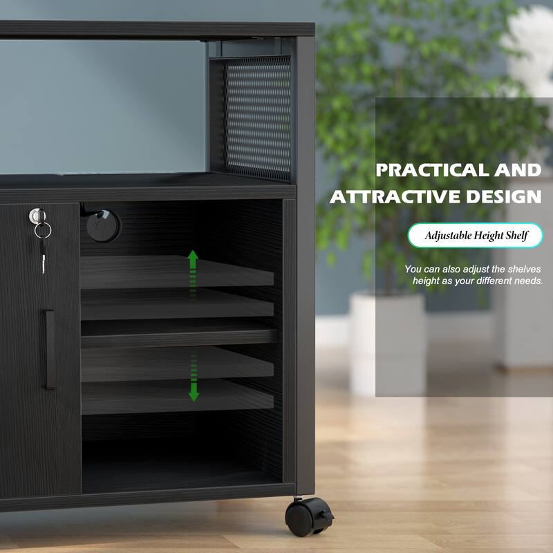 Rolling File Cabinet Lateral Office Filing Cabinets with Charging Station,Modern Printer Stand on Wheels