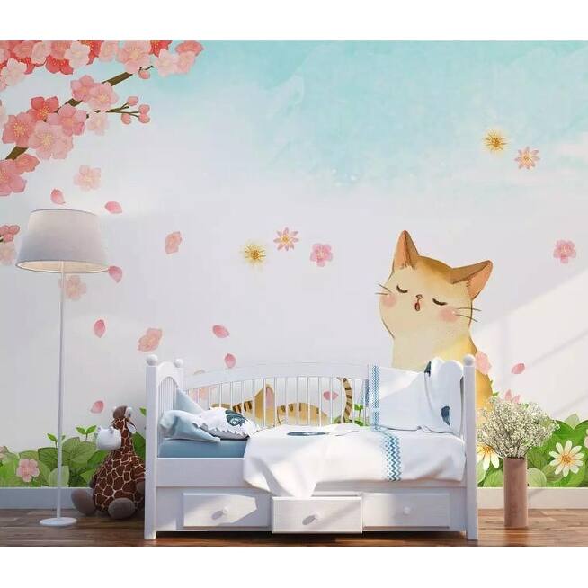 GK Wall Design Cartoon Cat Cherry Blossom Kids Removable Wallpaper