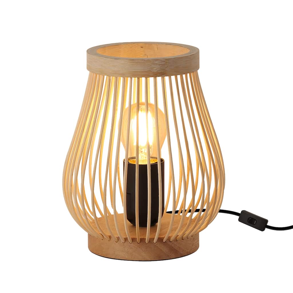 Farmhouse Natural Bamboo Rattan Table Lamp, Boho Handmade Woven Round Lampshade Nightlight, Industrial Desk Light for Bedroom