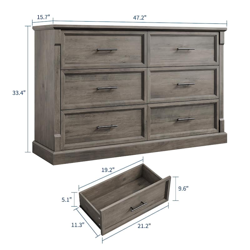 Farmhouse 6 Drawer Dresser for Bedroom, Rustic Chest of Drawers with Metal Handles, Large Double Dresser TV Stand