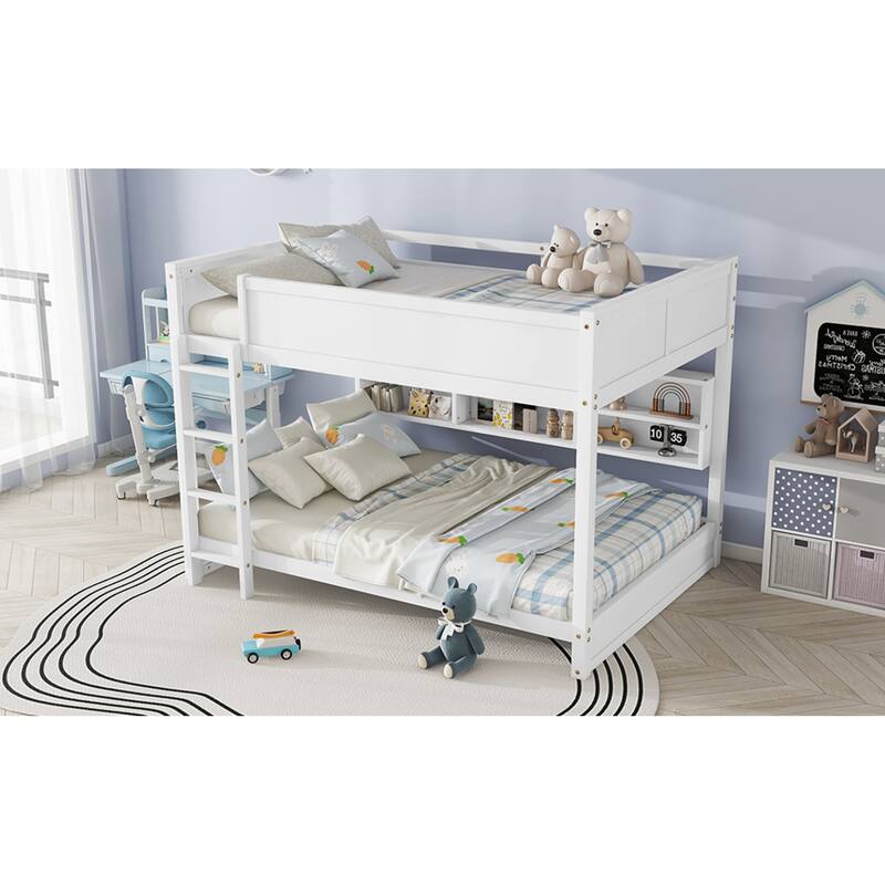 Roomfitters Queen Over Queen Bunk Bed with Storage Cabinets and Charging Station, Solid Pine Wood Bunk Bed