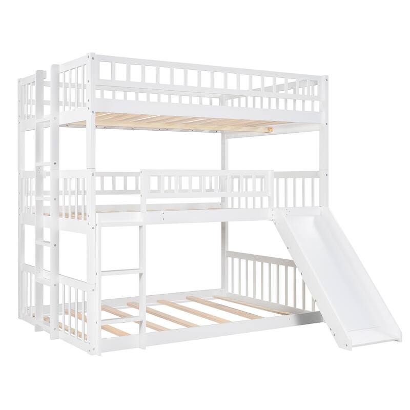 Full-Over-Full-Over-Full Triple Bed with Built-in Ladder and Slide, Triple Bunk Bed with Guardrails