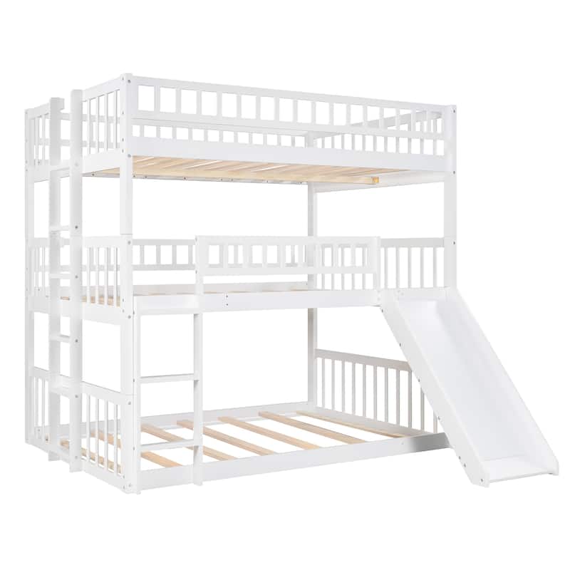 Wooden Triple Bunk Bed with Ladder, Guardrails and Slide, Detachable Full Over Full Over Full Bed Frame Convertible 3 Beds